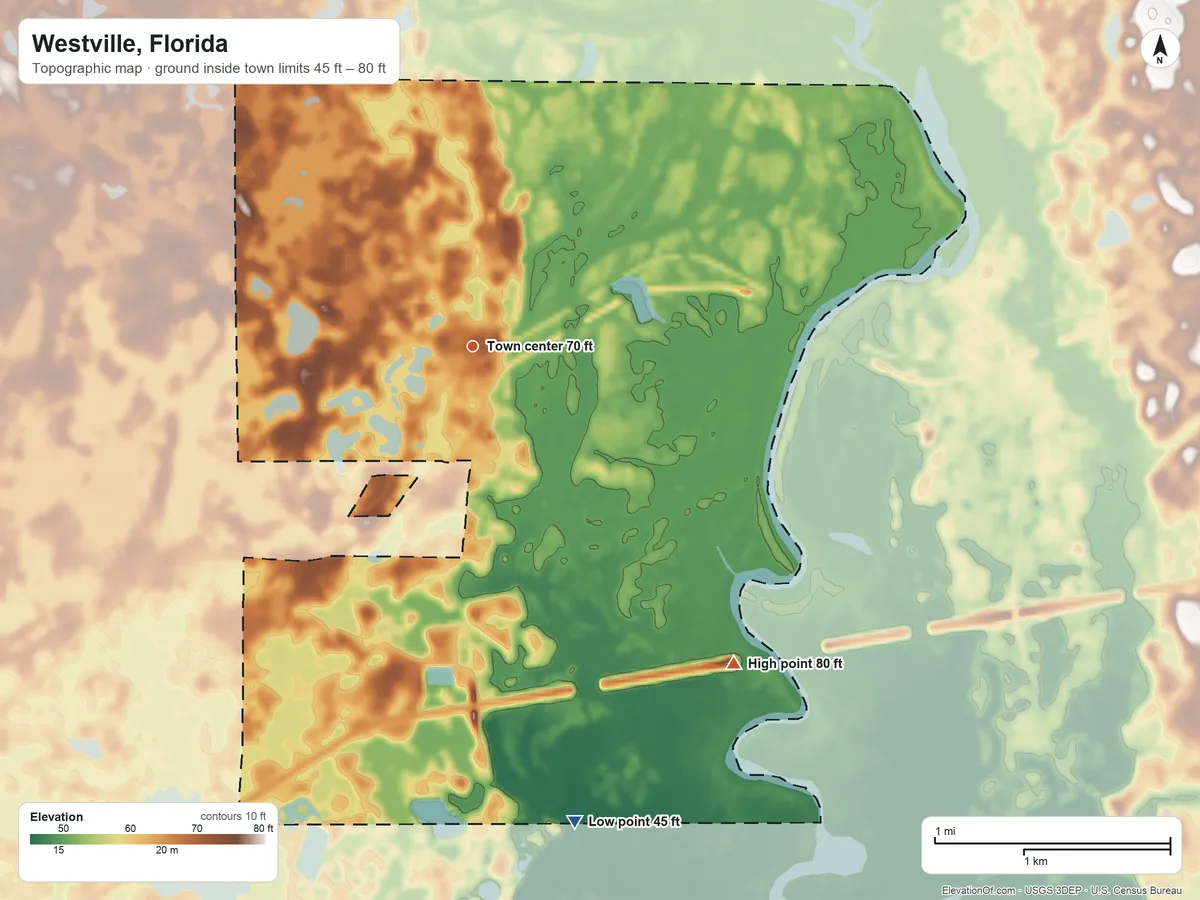 Topographic elevation map of Westville, Florida, shaded from 45 ft on the south side to 80 ft on the southeast side