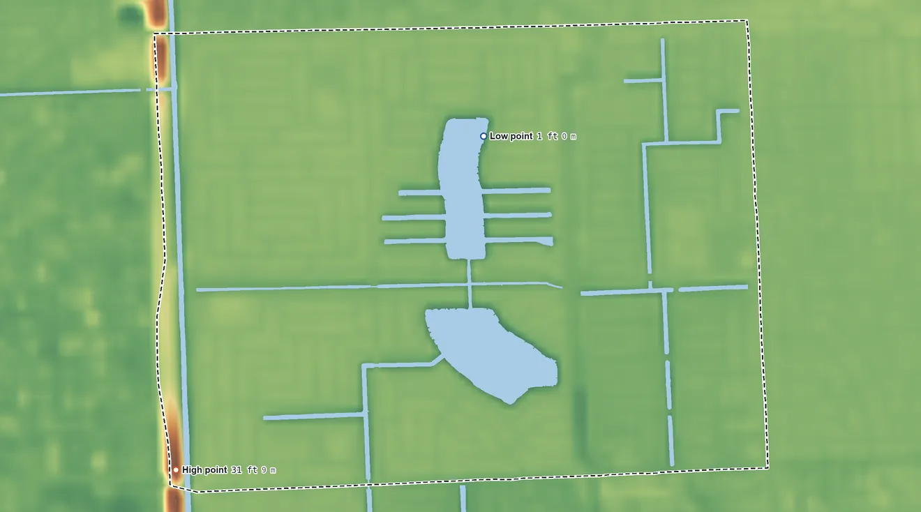 Topographic elevation map of Westwood Lakes, Florida, shaded from 1 ft on the northeast side to 31 ft on the southwest side