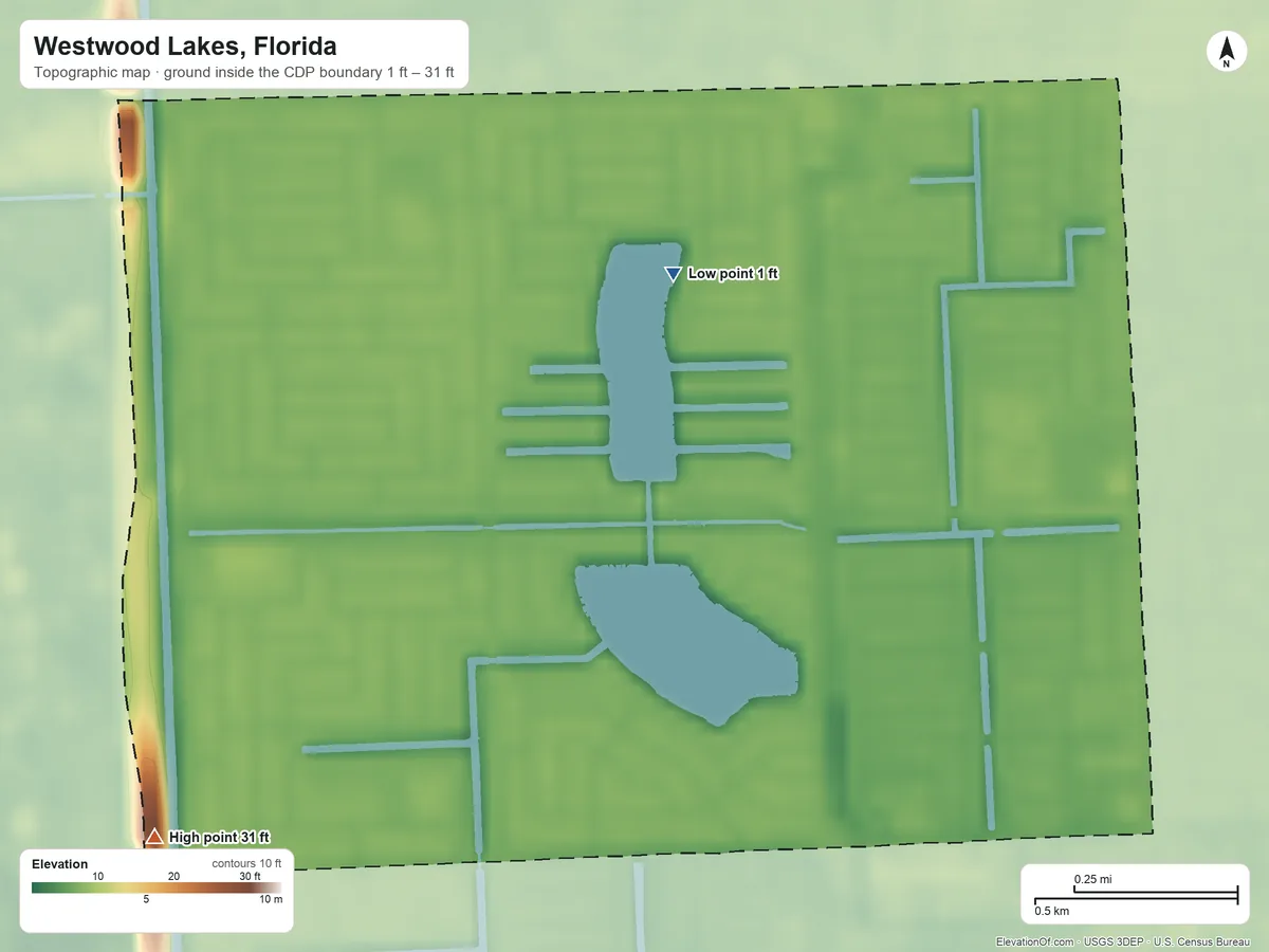 Topographic elevation map of Westwood Lakes, Florida, shaded from 1 ft on the northeast side to 31 ft on the southwest side