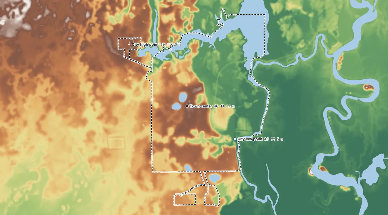 Topographic elevation map of Wewahitchka, Florida, shaded from 16 ft on the southeast side to 50 ft on the northwest side