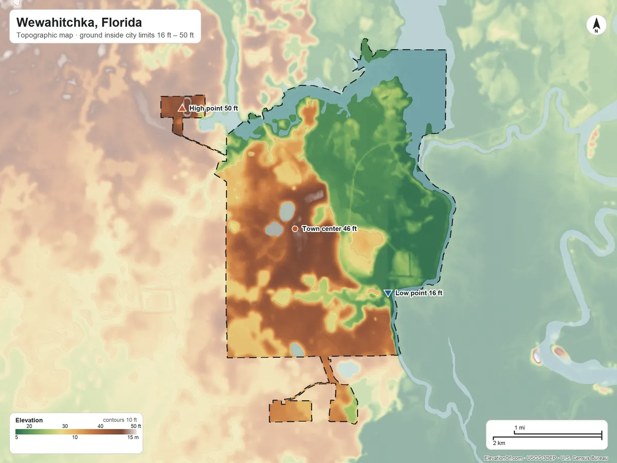 Topographic elevation map of Wewahitchka, Florida, shaded from 16 ft on the southeast side to 50 ft on the northwest side