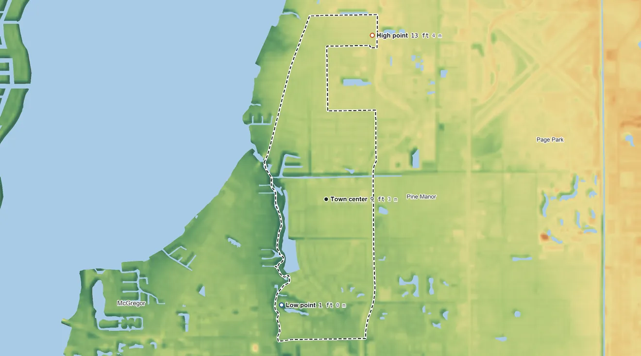 Topographic elevation map of Whiskey Creek, Florida, shaded from 1 ft on the southwest side to 13 ft on the north side