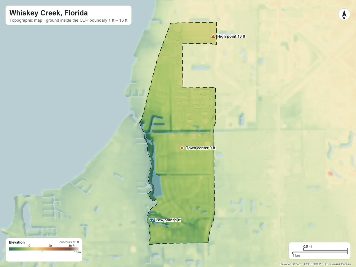 Topographic elevation map of Whiskey Creek, Florida, shaded from 1 ft on the southwest side to 13 ft on the north side