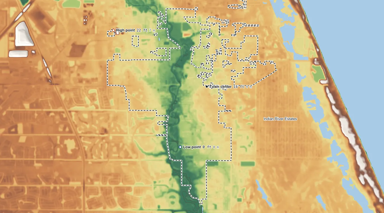 Topographic elevation map of White City, Florida, shaded from 0 ft on the southwest side to 22 ft on the northwest side