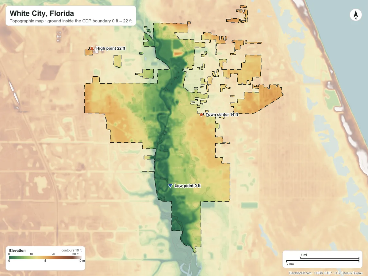 Topographic elevation map of White City, Florida, shaded from 0 ft on the southwest side to 22 ft on the northwest side