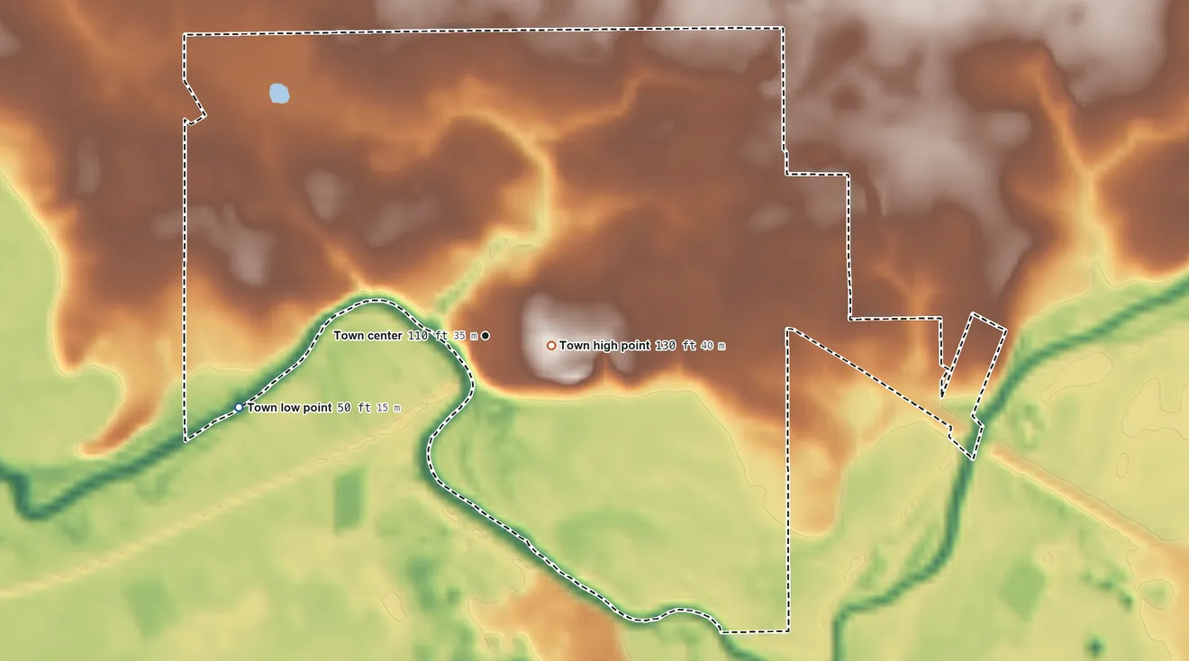 Topographic elevation map of White Springs, Florida, shaded from 50 ft on the west side to 130 ft near the middle