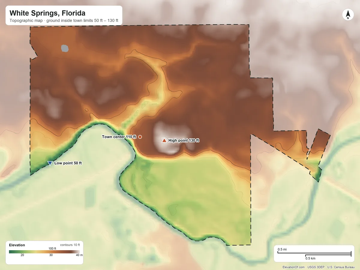 Topographic elevation map of White Springs, Florida, shaded from 50 ft on the west side to 130 ft near the middle