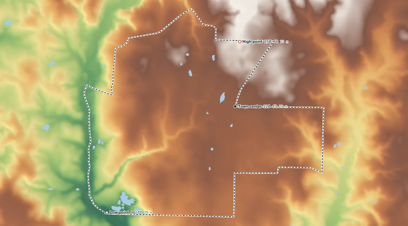 Topographic elevation map of Whitfield, Santa Rosa County, Florida, shaded from 96 ft on the southwest side to 250 ft on the north side