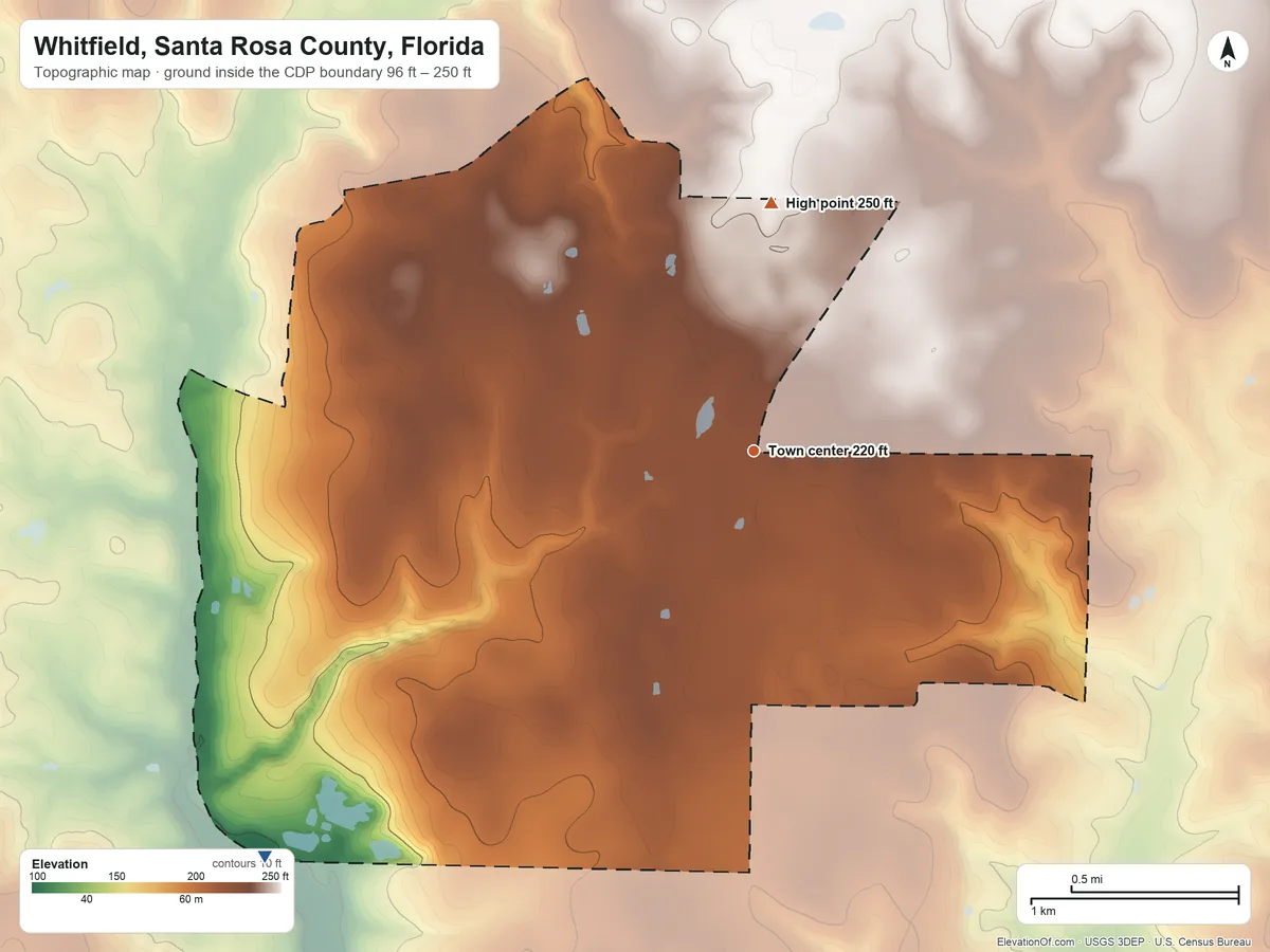 Topographic elevation map of Whitfield, Santa Rosa County, Florida, shaded from 96 ft on the southwest side to 250 ft on the north side