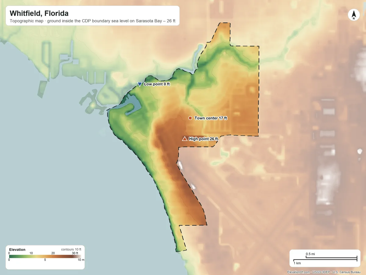 Topographic elevation map of Whitfield, Florida, shaded from sea level level on Sarasota Bay to 26 ft near the middle