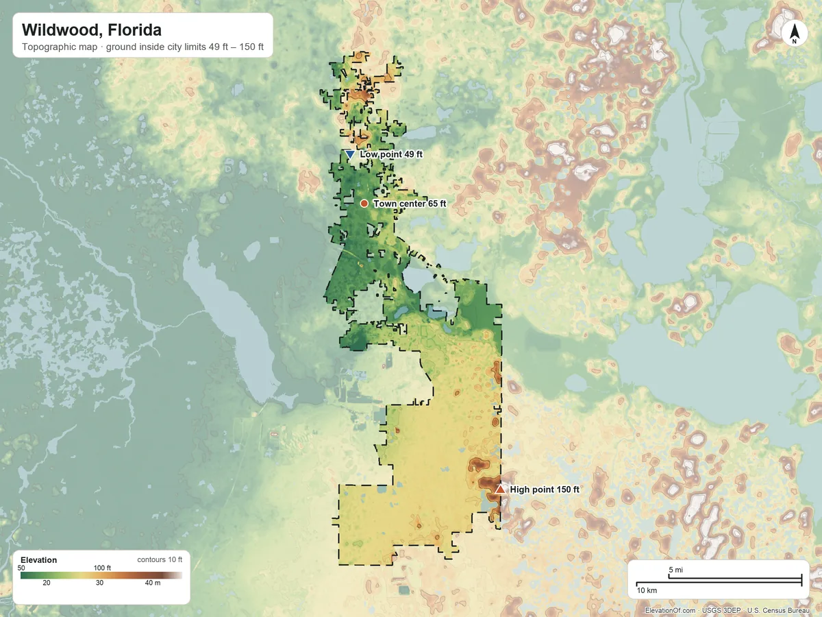 Topographic elevation map of Wildwood, Florida, shaded from 49 ft near the middle to 150 ft on the southeast side