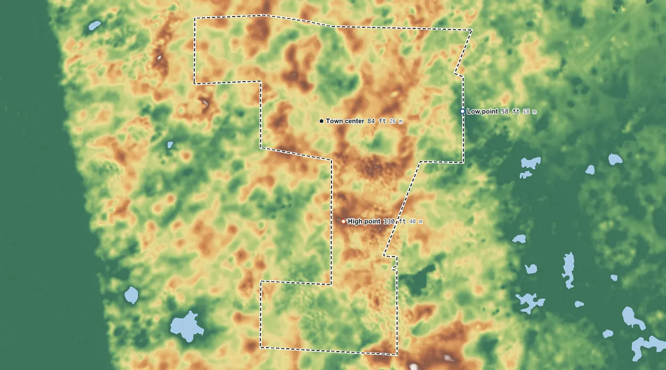 Topographic elevation map of Williston Highlands, Florida, shaded from 58 ft on the east side to 130 ft on the south side