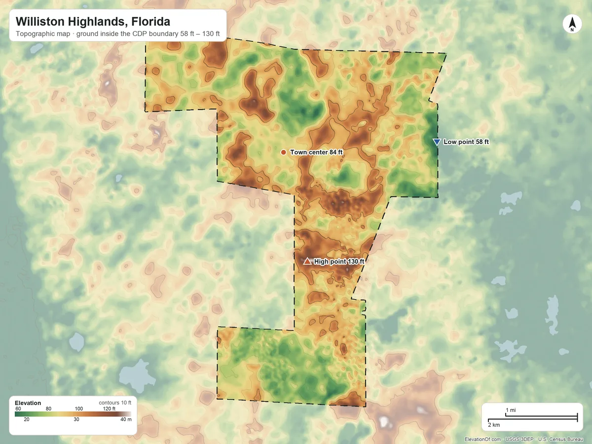Topographic elevation map of Williston Highlands, Florida, shaded from 58 ft on the east side to 130 ft on the south side