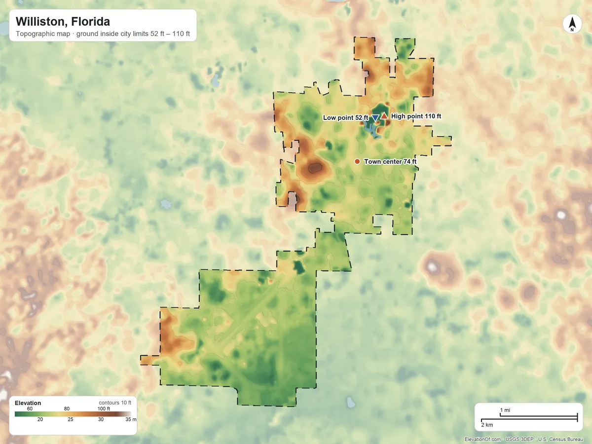 Topographic elevation map of Williston, Florida, shaded from 52 ft near the middle to 110 ft on the northeast side