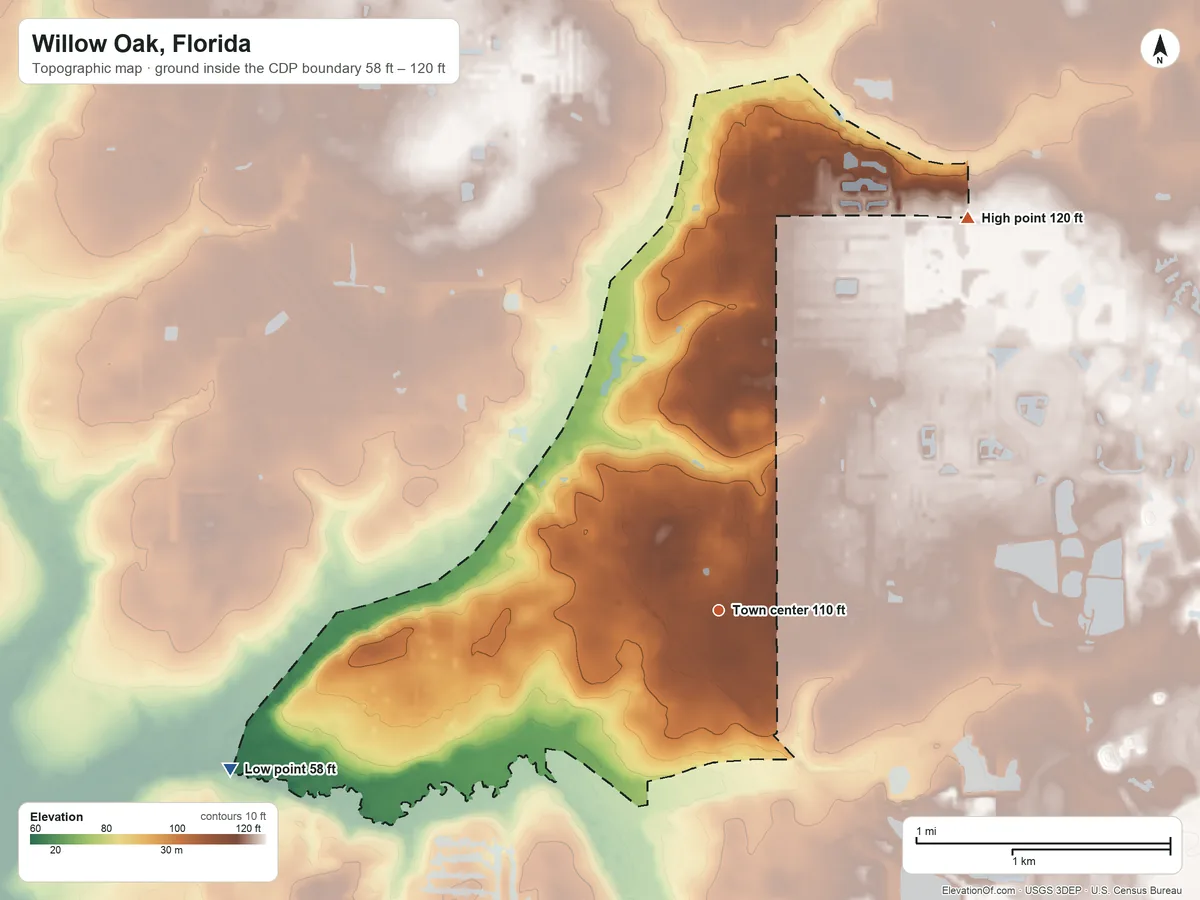 Topographic elevation map of Willow Oak, Florida, shaded from 58 ft on the west side to 120 ft on the northeast side