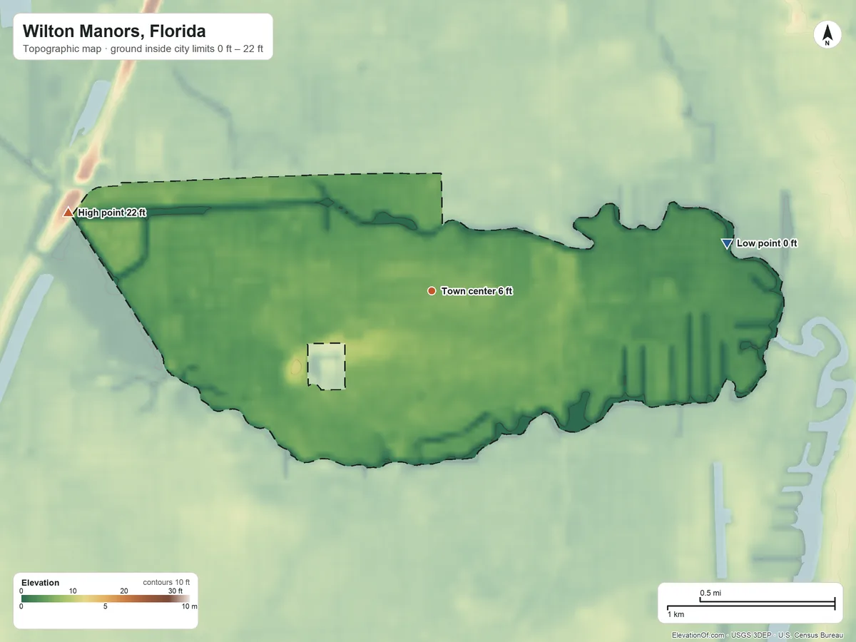 Topographic elevation map of Wilton Manors, Florida, shaded from 0 ft on the east side to 22 ft on the west side
