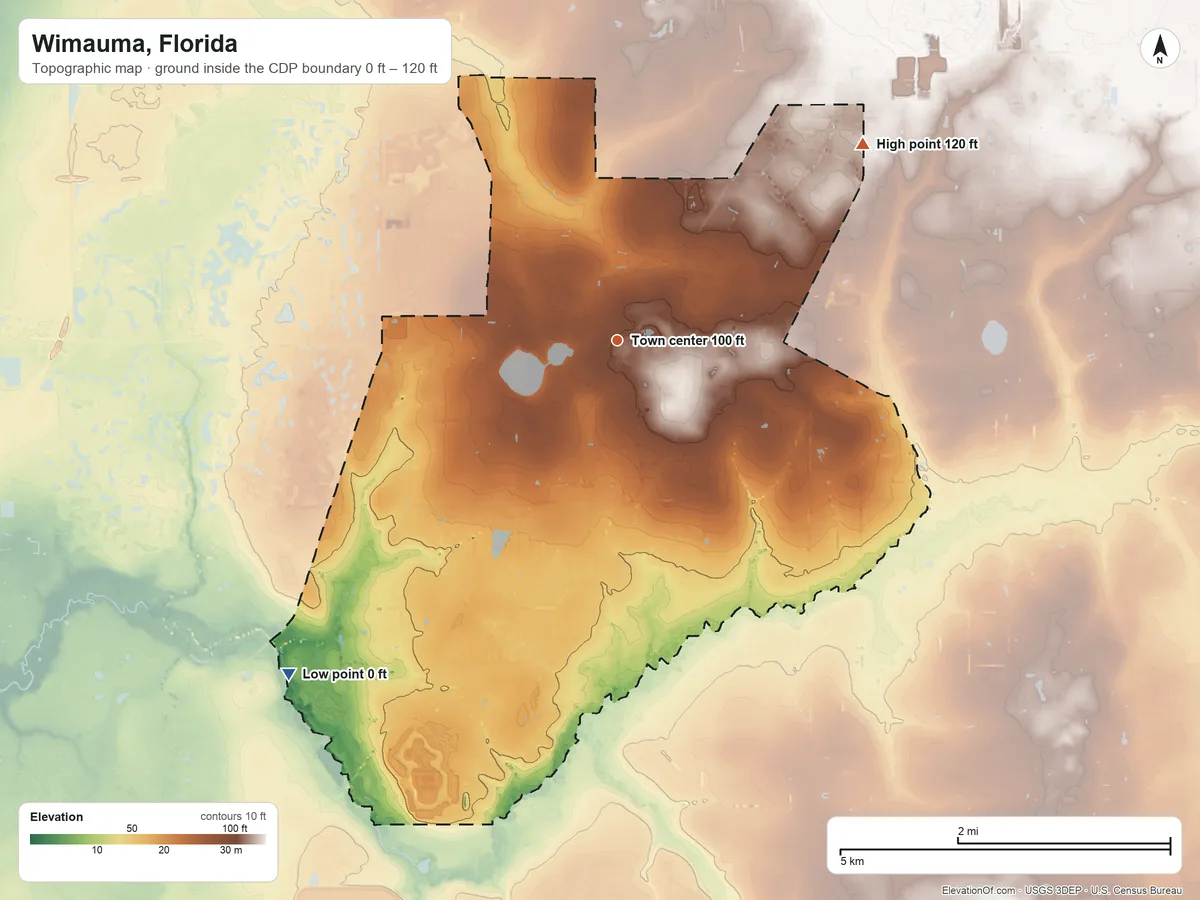 Topographic elevation map of Wimauma, Florida, shaded from 0 ft on the southwest side to 120 ft on the northeast side