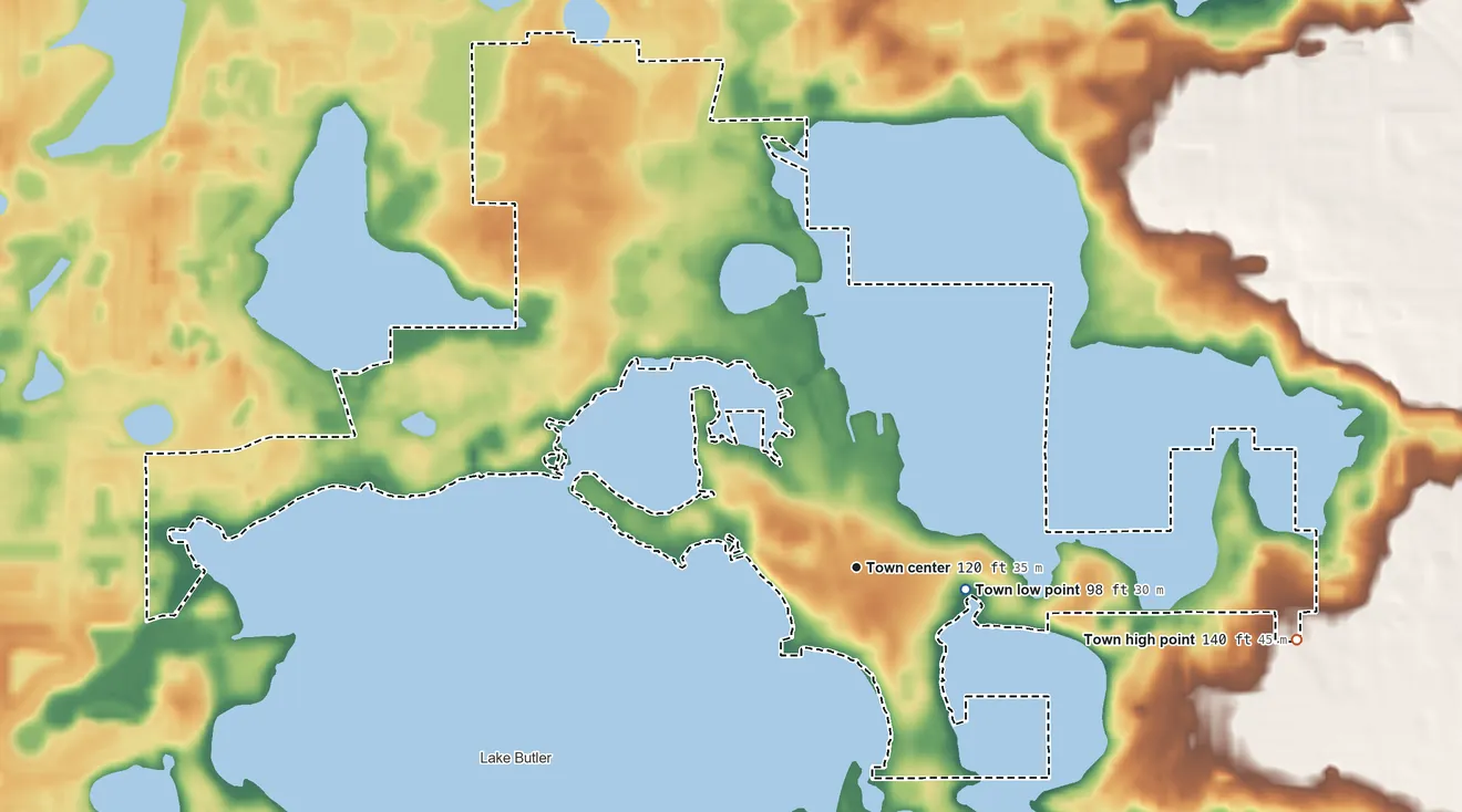 Topographic elevation map of Windermere, Florida, shaded from 98 ft near the middle to 140 ft on the east side