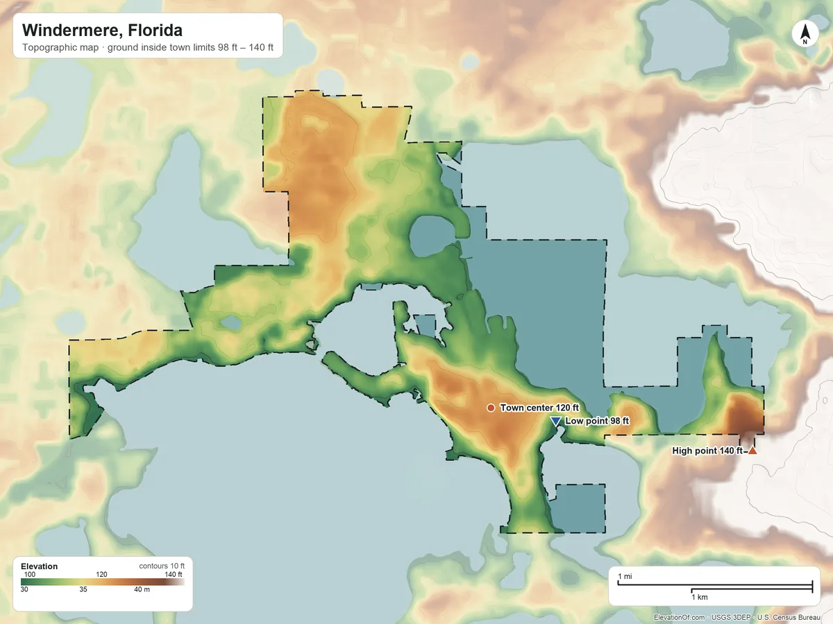 Topographic elevation map of Windermere, Florida, shaded from 98 ft near the middle to 140 ft on the east side