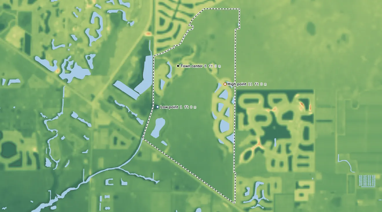 Topographic elevation map of Winding Cypress, Florida, shaded from 1 ft on the southwest side to 11 ft on the east side