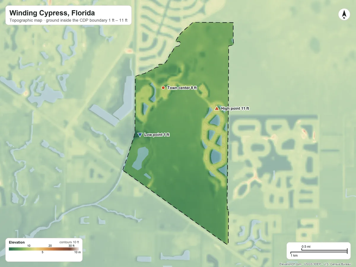 Topographic elevation map of Winding Cypress, Florida, shaded from 1 ft on the southwest side to 11 ft on the east side