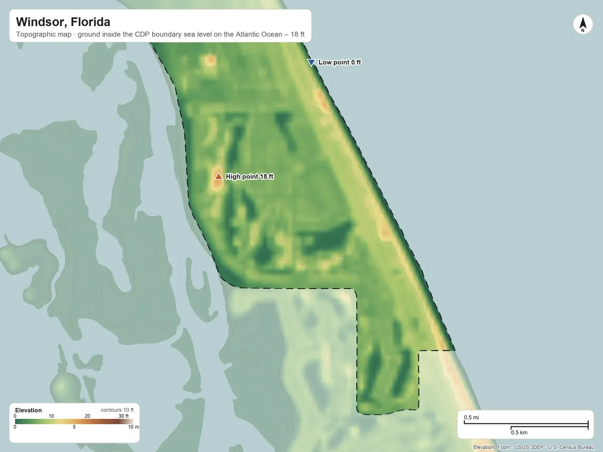 Topographic elevation map of Windsor, Florida, shaded from sea level level on the Atlantic Ocean to 18 ft on the west side