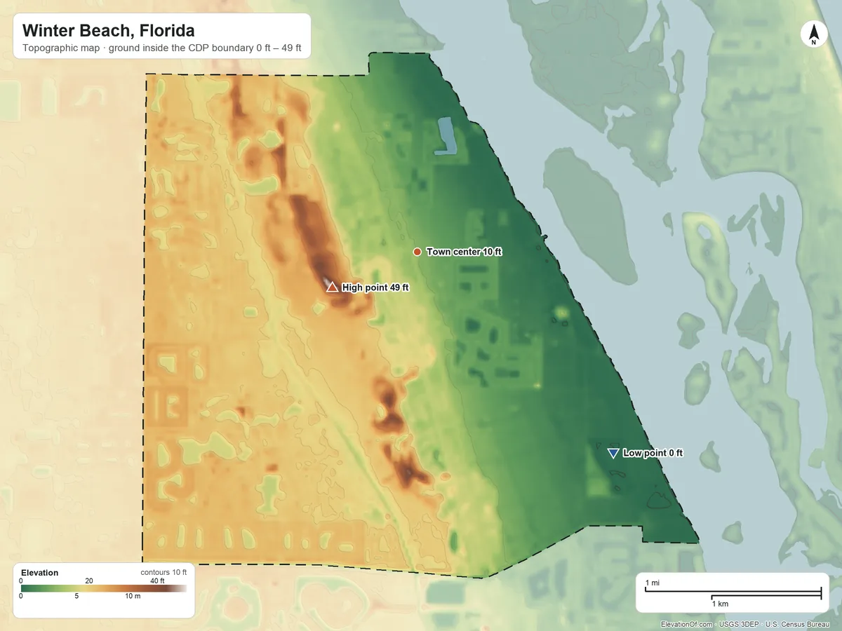 Topographic elevation map of Winter Beach, Florida, shaded from 0 ft on the southeast side to 49 ft on the southwest side