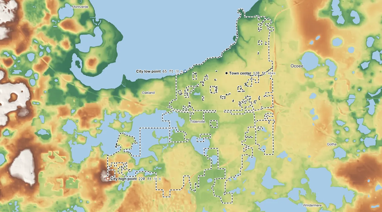 Topographic elevation map of Winter Garden, Florida, shaded from 65 ft on the west side to 220 ft on the southwest side