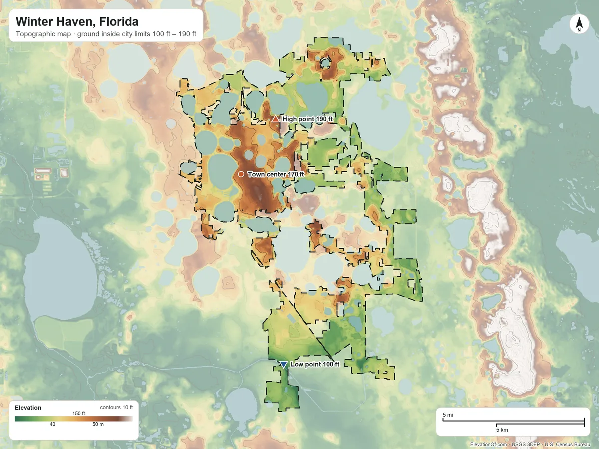 Topographic elevation map of Winter Haven, Florida, shaded from 100 ft on the south side to 190 ft on the northeast side