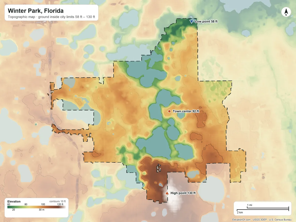 Topographic elevation map of Winter Park, Florida, shaded from 58 ft on the north side to 130 ft on the south side