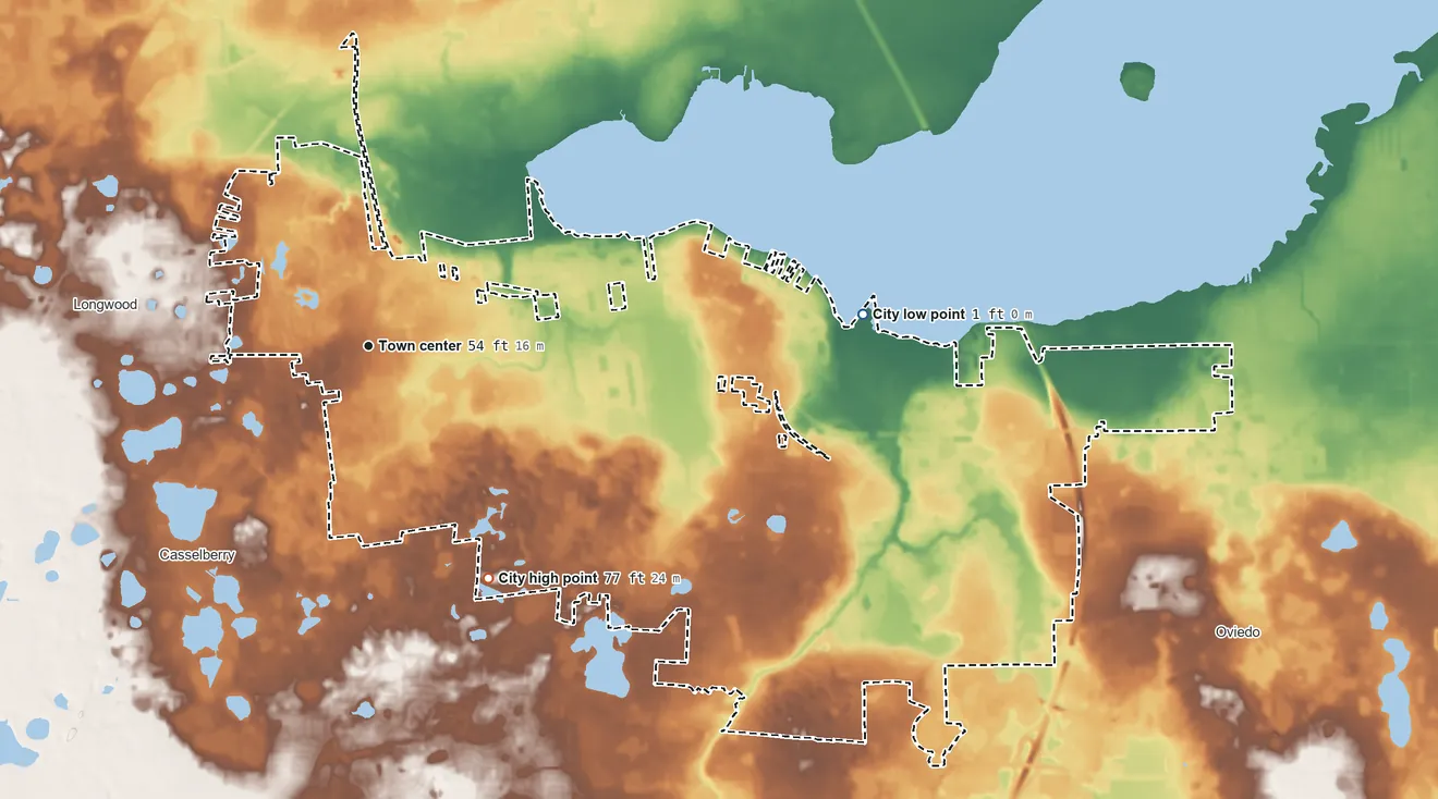 Topographic elevation map of Winter Springs, Florida, shaded from 1 ft on the east side to 77 ft on the southeast side