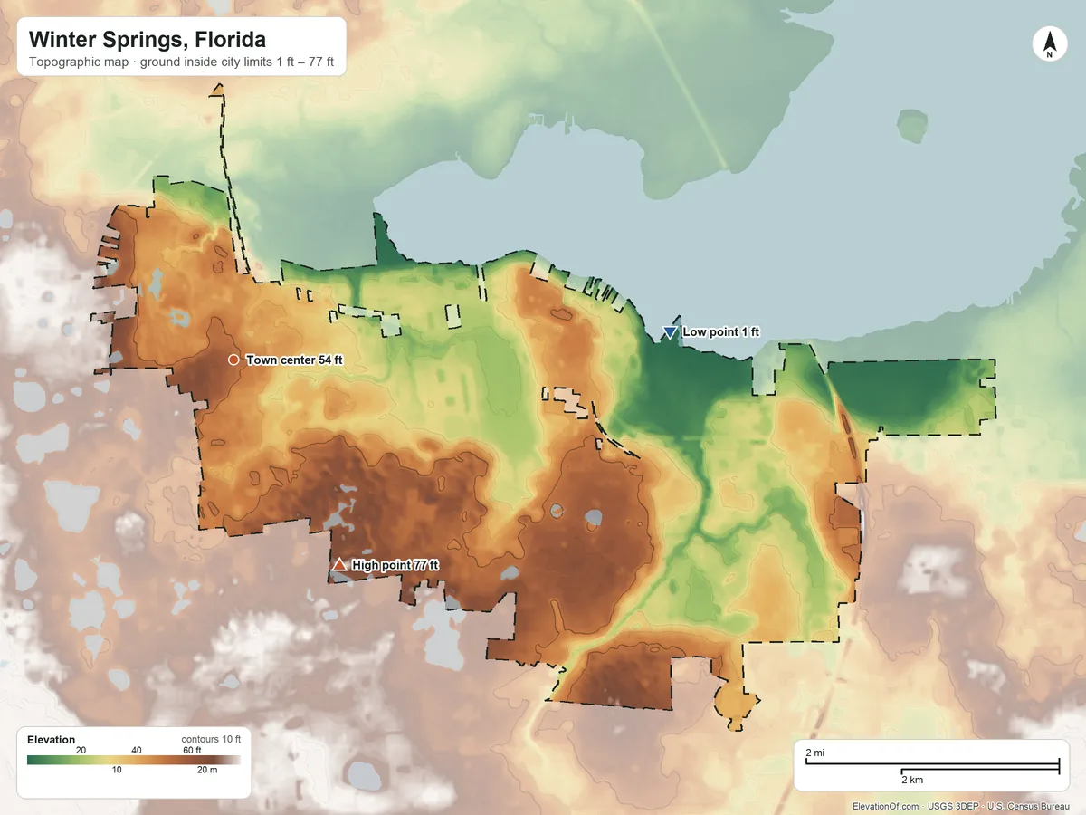 Topographic elevation map of Winter Springs, Florida, shaded from 1 ft on the east side to 77 ft on the southeast side