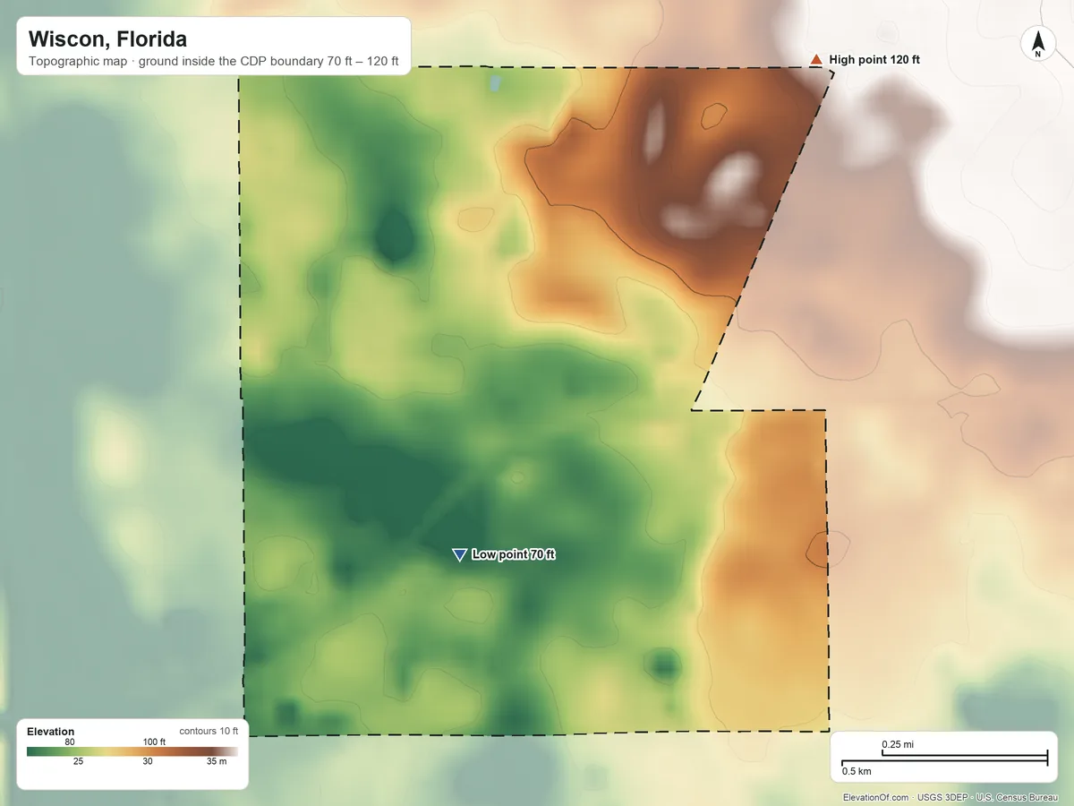 Topographic elevation map of Wiscon, Florida, shaded from 70 ft on the southwest side to 120 ft on the northeast side