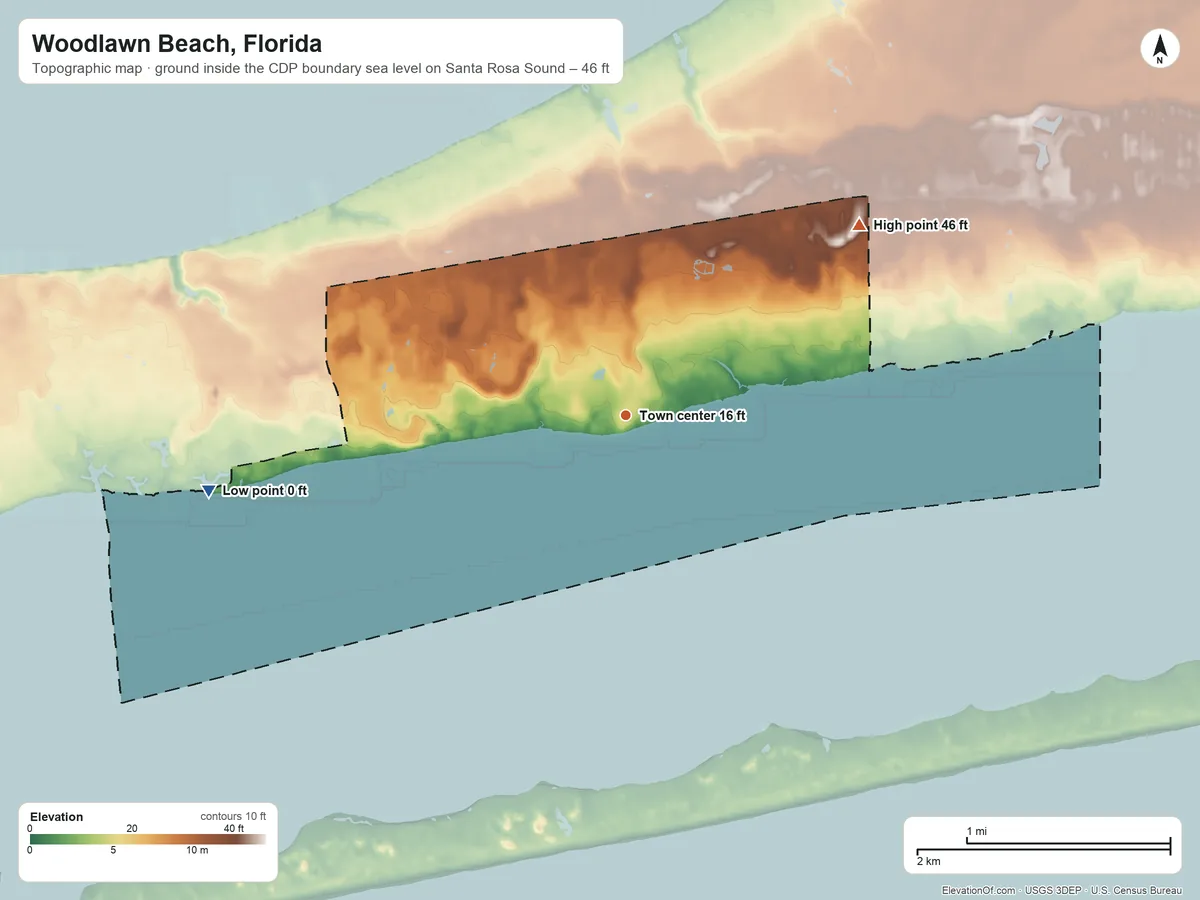 Topographic elevation map of Woodlawn Beach, Florida, shaded from sea level level on Santa Rosa Sound to 46 ft on the northeast side