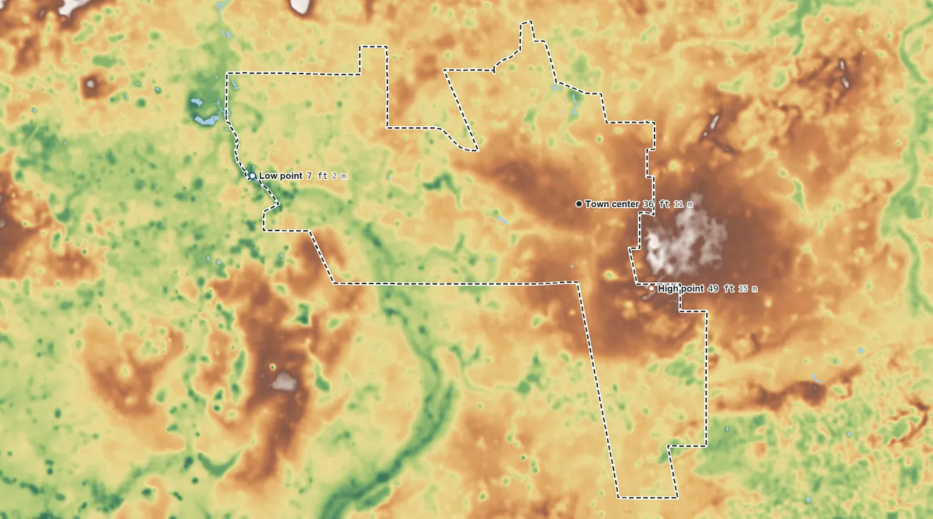 Topographic elevation map of Woodville, Florida, shaded from 7 ft on the west side to 49 ft on the southeast side