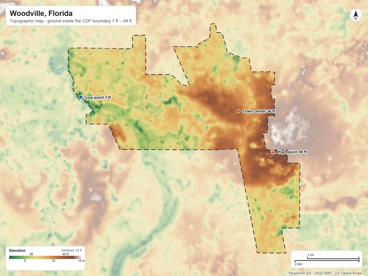 Topographic elevation map of Woodville, Florida, shaded from 7 ft on the west side to 49 ft on the southeast side