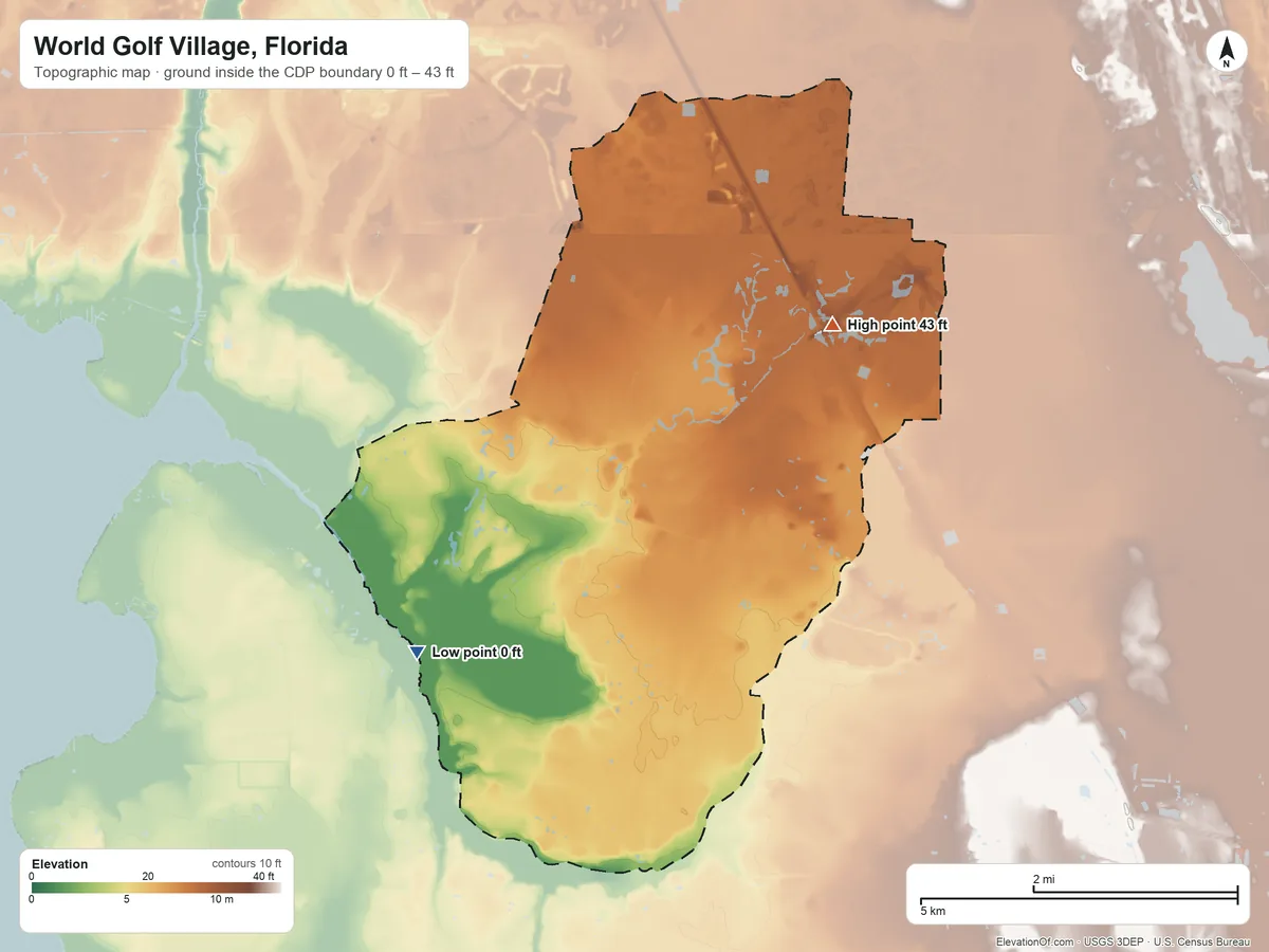 Topographic elevation map of World Golf Village, Florida, shaded from 0 ft on the southwest side to 43 ft on the northeast side