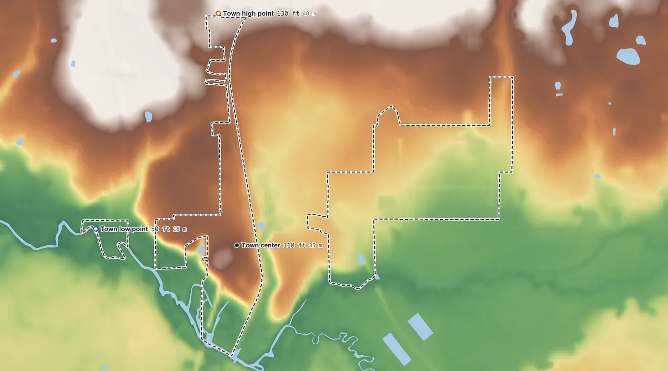 Topographic elevation map of Worthington Springs, Florida, shaded from 50 ft on the west side to 130 ft on the north side