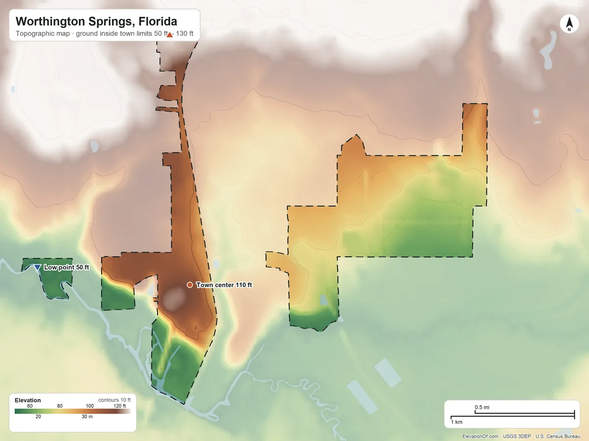 Topographic elevation map of Worthington Springs, Florida, shaded from 50 ft on the west side to 130 ft on the north side