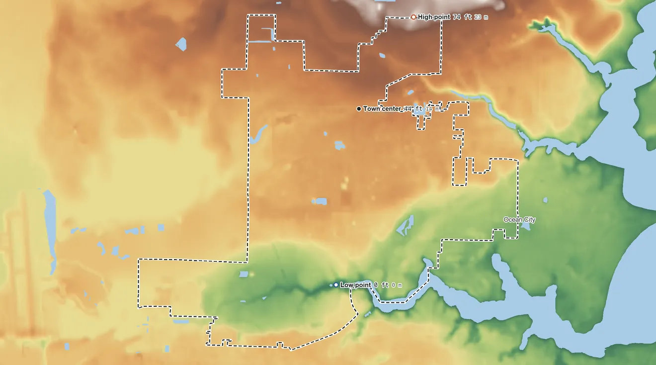 Topographic elevation map of Wright, Florida, shaded from sea level level on the Cinco Bayou to 74 ft on the northeast side