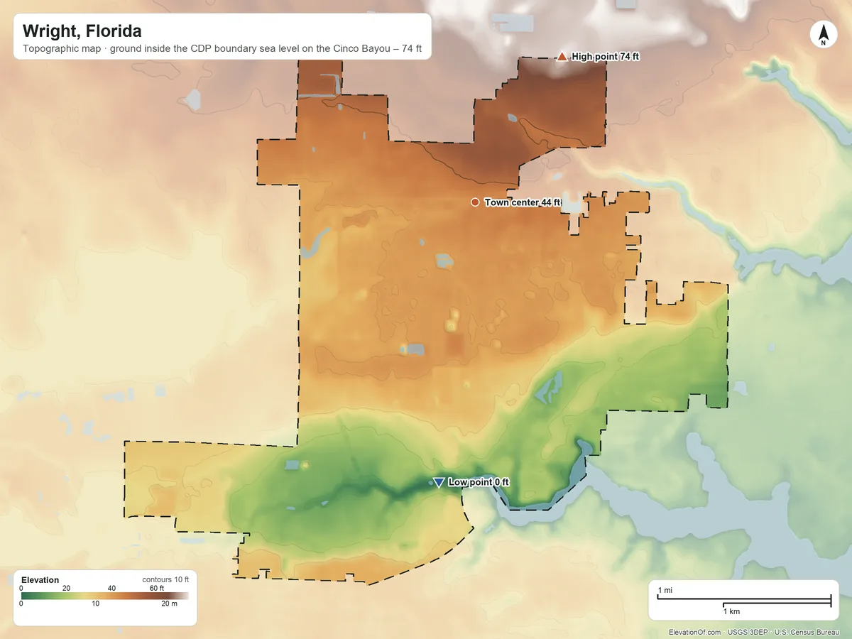 Topographic elevation map of Wright, Florida, shaded from sea level level on the Cinco Bayou to 74 ft on the northeast side