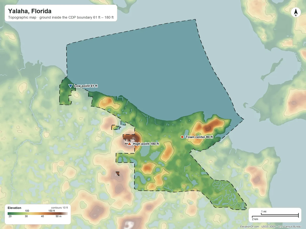Topographic elevation map of Yalaha, Florida, shaded from 61 ft on the northwest side to 180 ft on the west side
