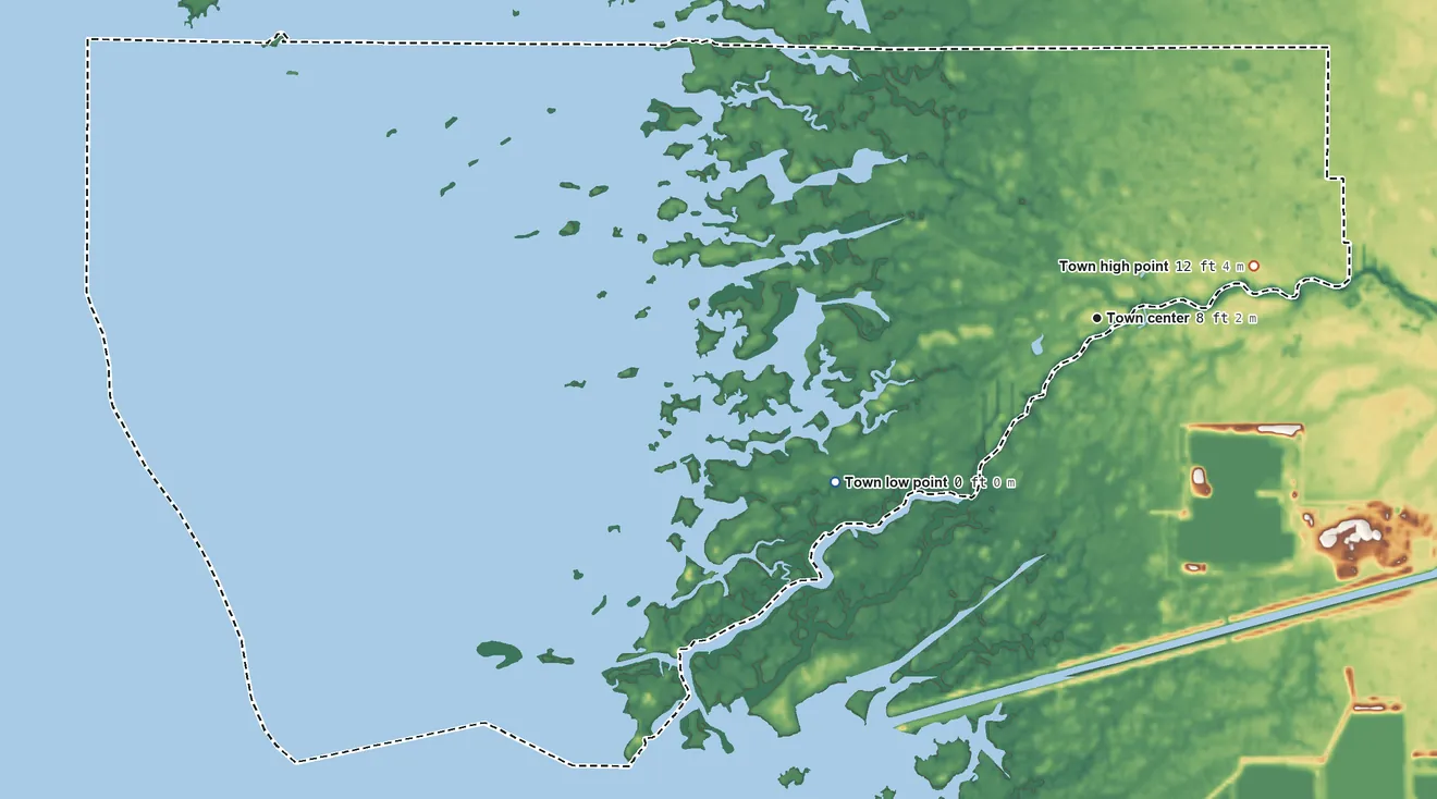 Topographic elevation map of Yankeetown, Florida, shaded from sea level level on Helverson Creek to 12 ft on the east side
