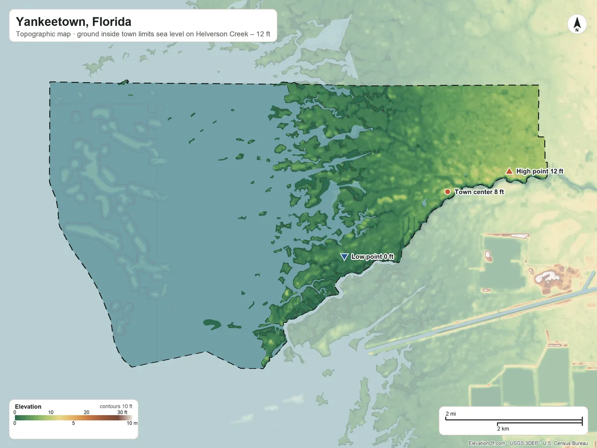 Topographic elevation map of Yankeetown, Florida, shaded from sea level level on Helverson Creek to 12 ft on the east side