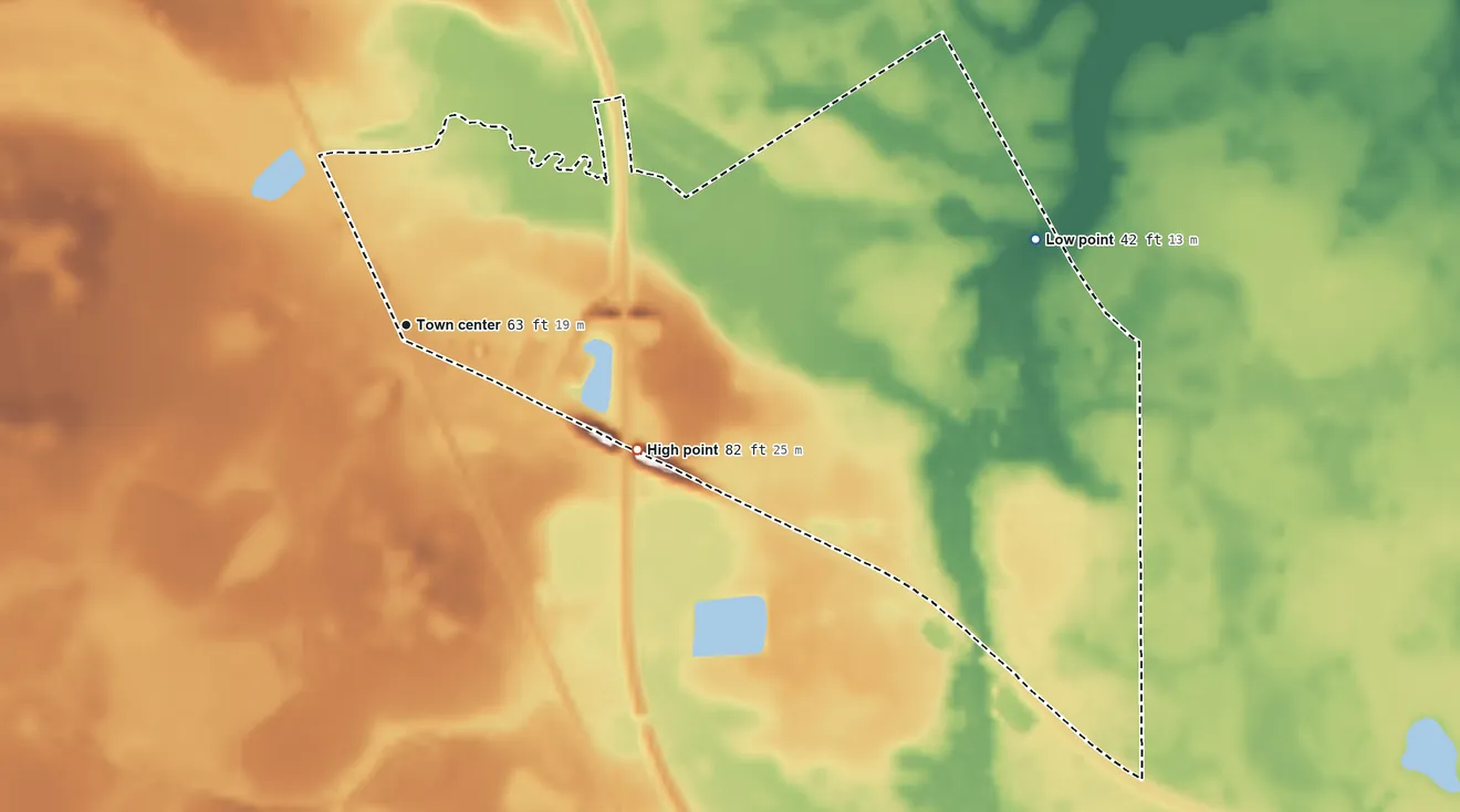 Topographic elevation map of Yeehaw Junction, Florida, shaded from 42 ft on the east side to 82 ft on the southeast side