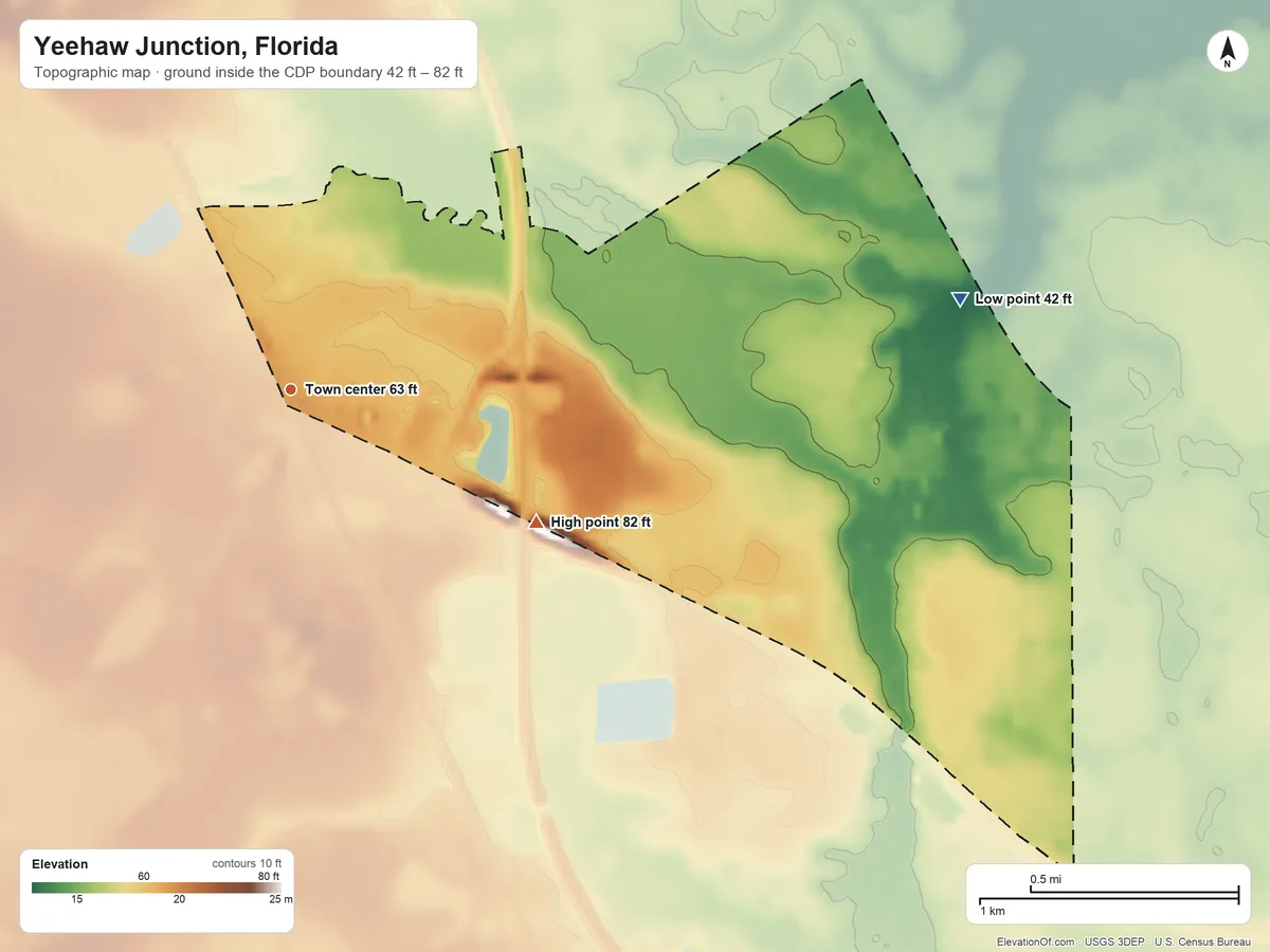Topographic elevation map of Yeehaw Junction, Florida, shaded from 42 ft on the east side to 82 ft on the southeast side