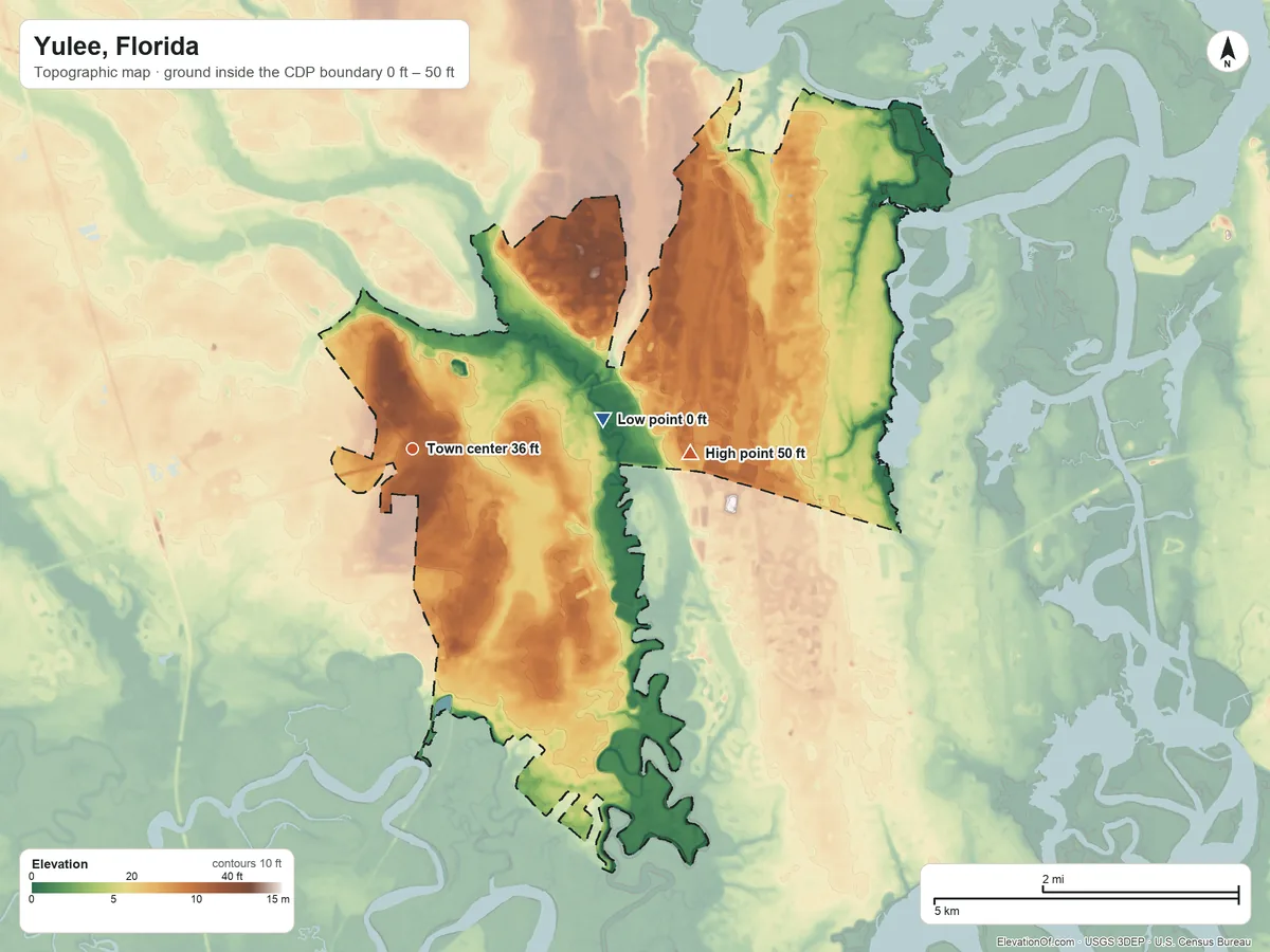 Topographic elevation map of Yulee, Florida, shaded from 0 ft on the east side to 50 ft on the east side