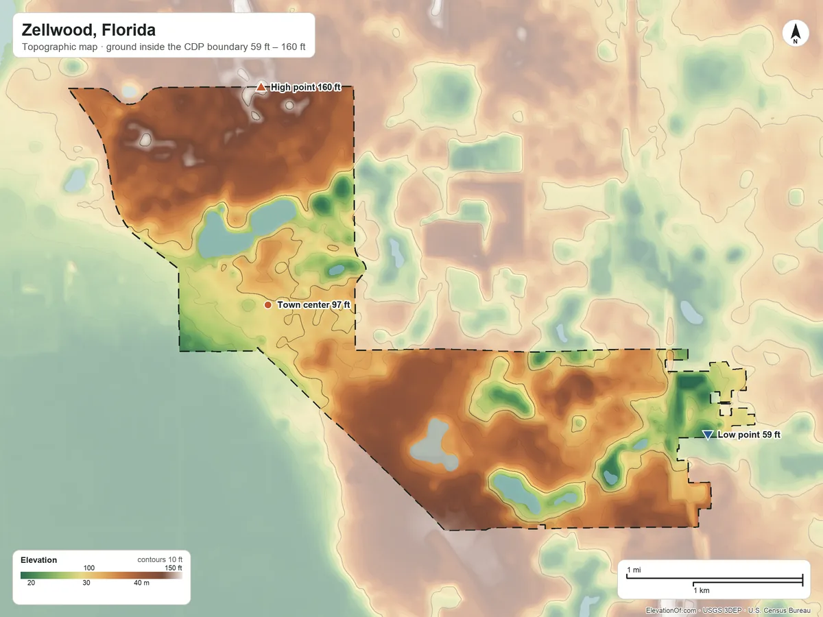 Topographic elevation map of Zellwood, Florida, shaded from 59 ft on the east side to 160 ft on the north side