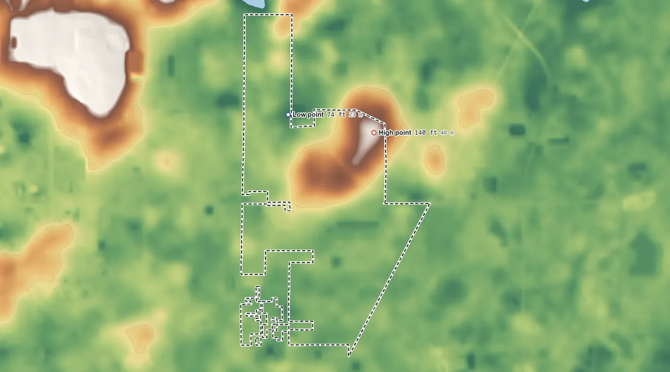 Topographic elevation map of Zephyrhills North, Florida, shaded from 74 ft on the north side to 140 ft on the northeast side