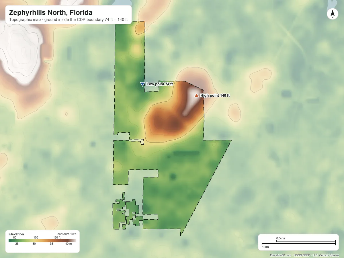 Topographic elevation map of Zephyrhills North, Florida, shaded from 74 ft on the north side to 140 ft on the northeast side